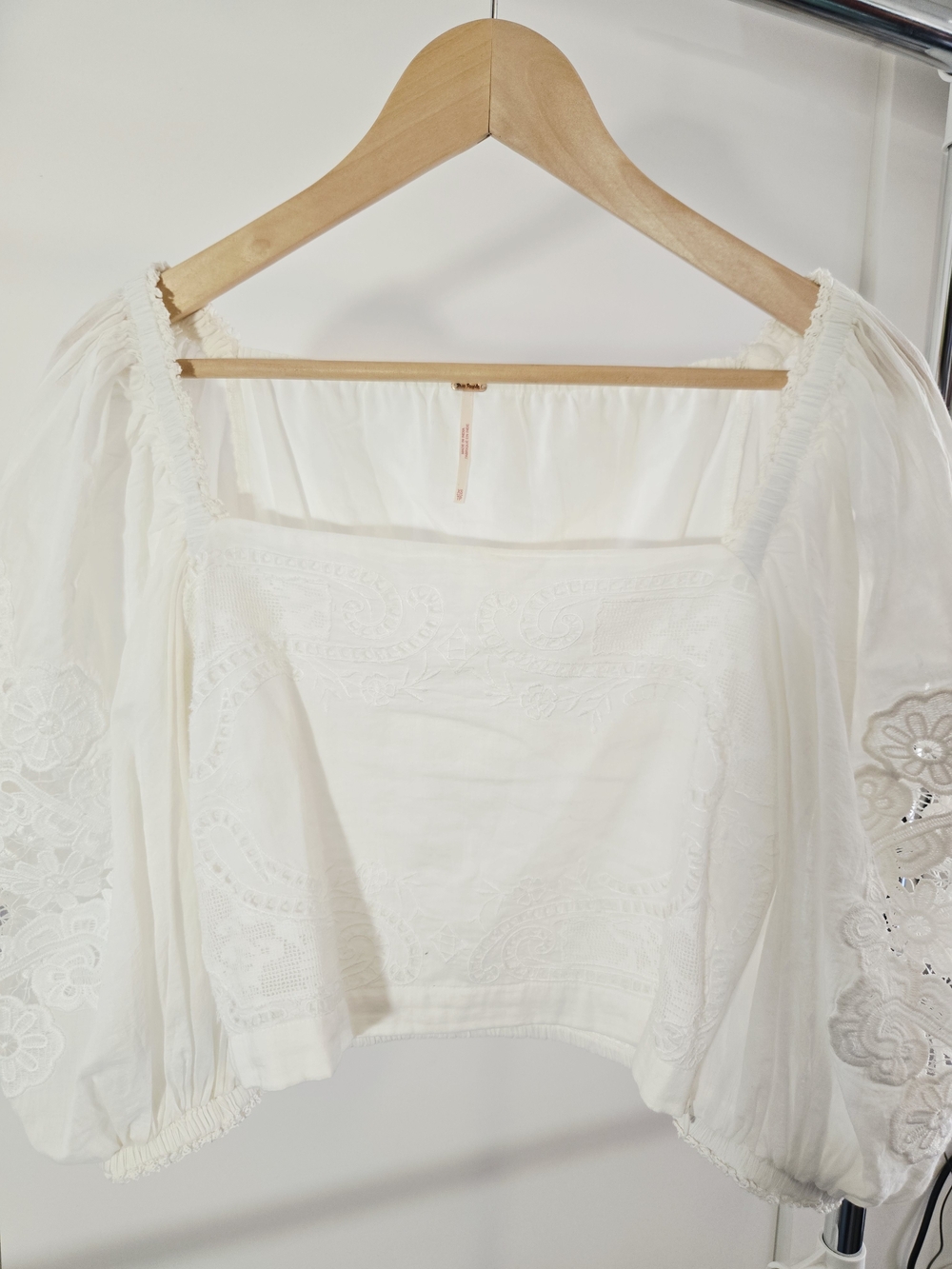 Free People Ivory Embroidered Square-Neck Peasant Blouse